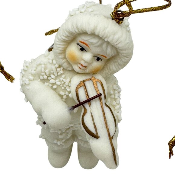 Set Of 3 Snow Baby Angel Ornaments Violinist Star Sled White Gold Christmas - Picture 5 of 11